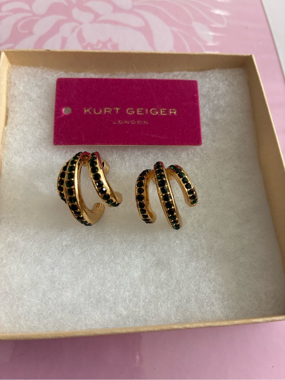 Kurt Geiger Gold Triple-Row Hoop Earrings with Green Stones - Picture 3 of 3